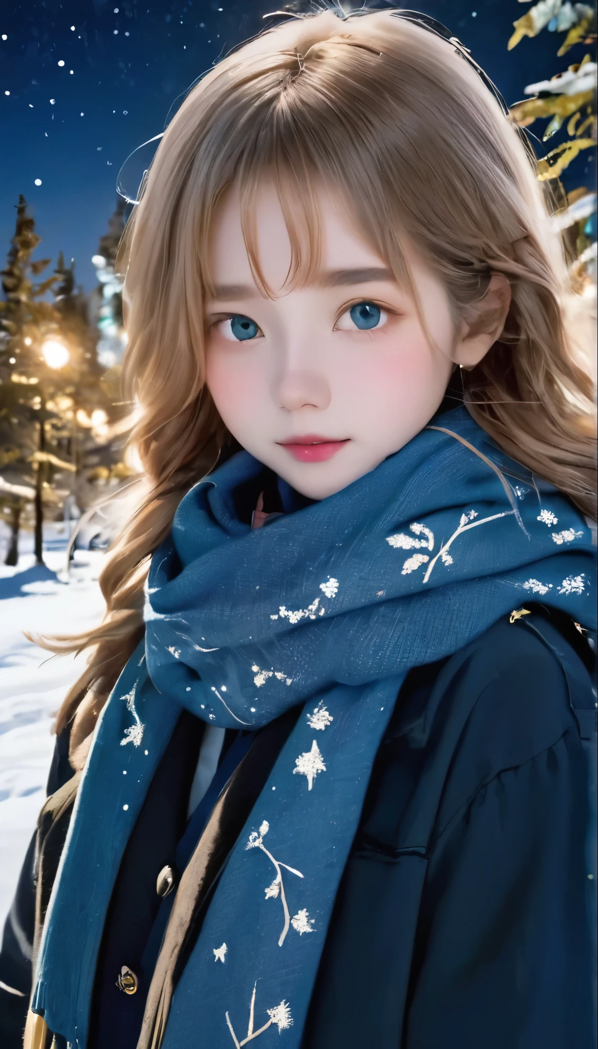 RAW Photos、Realistic、highest quality、masterpiece、14 years old、A girl wearing a duffle coat and wearing a masturbator、Luxury brand duffle coat、light colored muffler、((Hair is in the scarf:1.3))、cold夜、Red cheeks、Breath、minus３０World of Degrees、Diamond Dust、月明かりに輝くDiamond Dust、Deep in the forest、Full moon night、かわいいface、Super detailed_face_Eye、cold、Alaska Night、A starry sky、