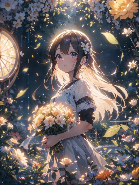 anime,depth of field, cinematic lighting, lens flare, f/1.2,(masterpiece:1.2),(high definition),Flower Field、Girl with a bouquet...