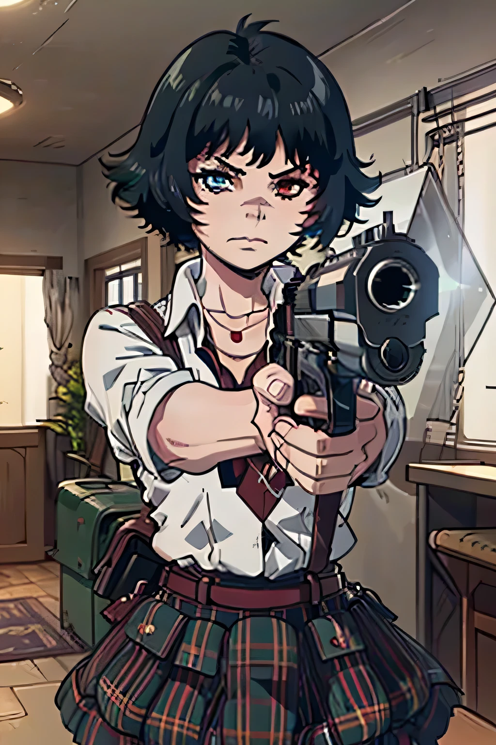 masterpiece, best quality, dmc3lady, scar, heterochromia, shirt, plaid skirt, necklace, pouch, cowboy shot, gunatyou, gun, targeting the viewer, holding gun, wrinkled eyebrows