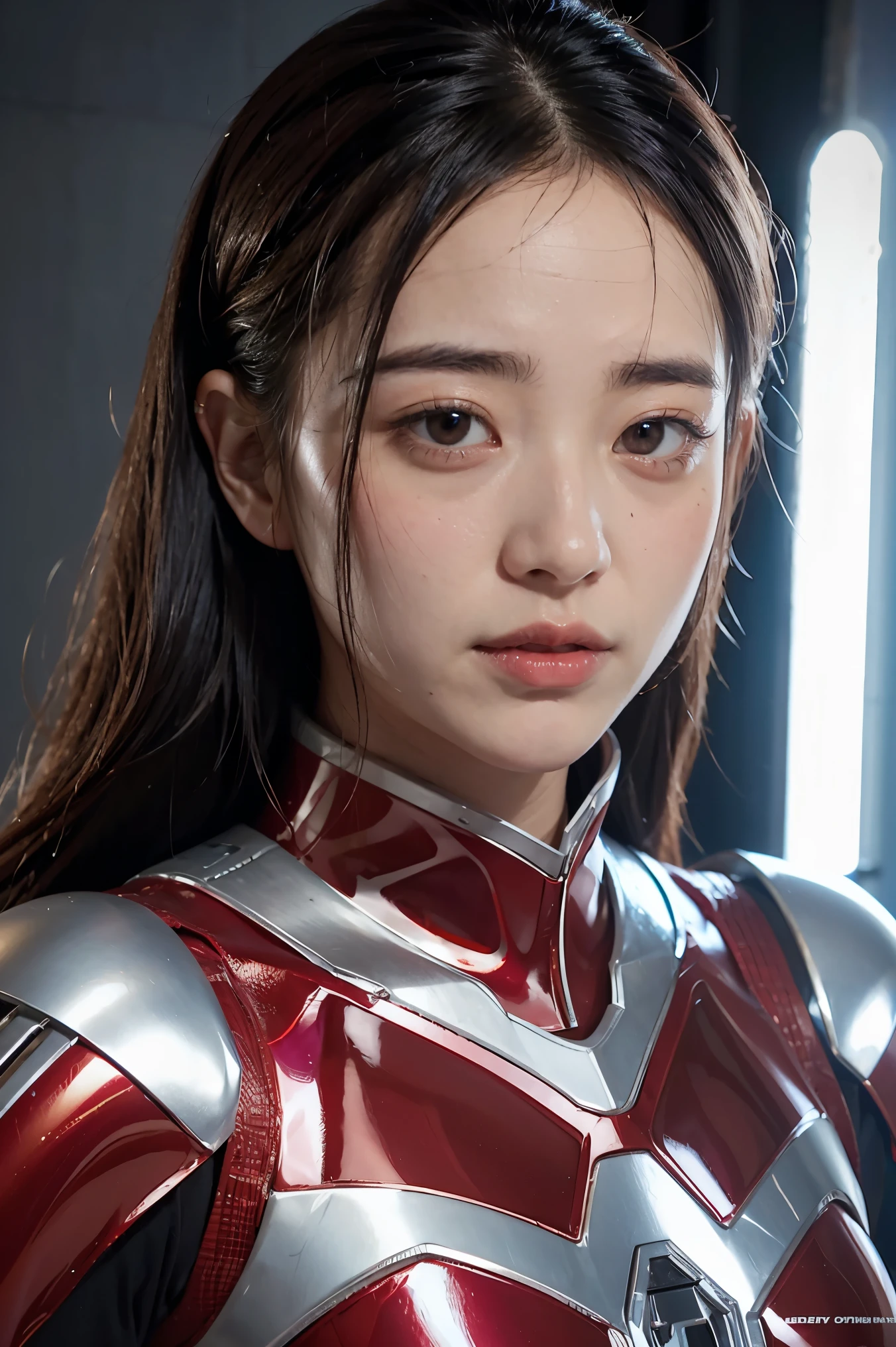 Power Ranger SPD、Réaliste、Réaliste、Éclairage cinématographique, Fille dans un costume rouge et argent brillant、18 ans、Photos professionnelles、Enfiler&#39;N&#39;exposez pas votre peau, Modèle japonais, cgi japonais、Costume SPD、, Costume Power Rangers、cyber-combinaison serrée et fine,Tout le corps est caoutchouteux、Là&#39;s pink Là、 Corps délicat, Les deux côtés de la cyber-combinaison collent à la peau、gros yeux、Cheveux courts noirs、face à l&#39;avant、face à l&#39;avant立っている blue sky background, corps parfait, 