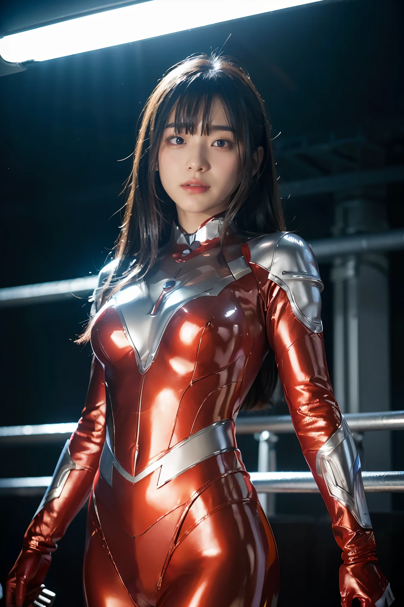 Ultraman、realistic、realistic、cinematic lighting, Girl in a shiny red and silver suit、15 years old、professional photos、Don&#39;Do not expose your skin, japanese model, japanese cgi、Ultraman Suit、, Power Rangers Suit、tight and thin cyber suit,Whole body rubbery、There&#39;s pink There、 delicate body, big breasts、small ass、thin thighs、thin arms、thin waist、camel toe、Both sides of the cyber suit stick to the skin、Big eyes、black short hair、facing the front、facing the front立っている、A glowing sphere is embedded in the chest.、Essay Examination、 blue sky background