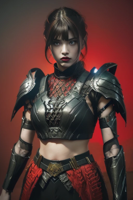 tmasterpiece,Best quality,A high resolution,8K,(Portrait photograph:1.5),(ROriginal photo),real photograph,digital photography,(Combination of cyberpunk and fantasy style),(Female soldier),20 year old girl,random hair style,By bangs,(Red eyeigchest, accessories,Redlip,(He frowned,Sneer),(Cyberpunk combined with fantasy style clothing,Openwork design,joint armor,police uniforms,Red clothes,red colour),exposing your navel,Photo pose,Realisticstyle,Thunder and lightning on rainy day,(Thunder magic),oc render reflection texture