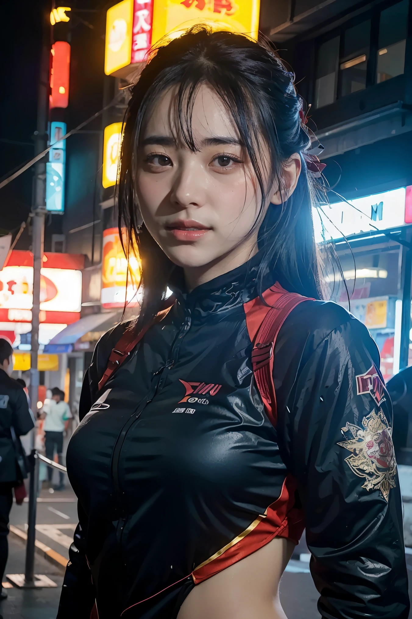 Girl in character concept art that combines Japan Ronin clothing and the beauty of modern technology.. (best quality, 4k, 8ก, height, Masterpiece:1.2), very detailed, (realistic, photorealistic, photo-realistic:1.37), Japanese ronin clothing, Future technology clothing, Detailed facial features, dynamic poses, violent expression, Katana, cyberpunk background, neon light, Mood swings, Riot Games art style, bright colors, Stylish rendering, complicated details, professional artwork, original elements, modern twist.