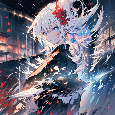 ((fantasy　white hair　long hair　black　one person　lonely　blue eyes　open chest kimono))　((night　japanese style　old　shining aura))　(...