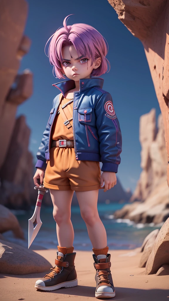 masterpiece, best quality, 8K, light, Ultra-high resolution, Red Cliff, 1 boy, shorts, Purple Hair, sword, Blue jacket, shoe, Brown eyeball:1.2), freckle, permanent,