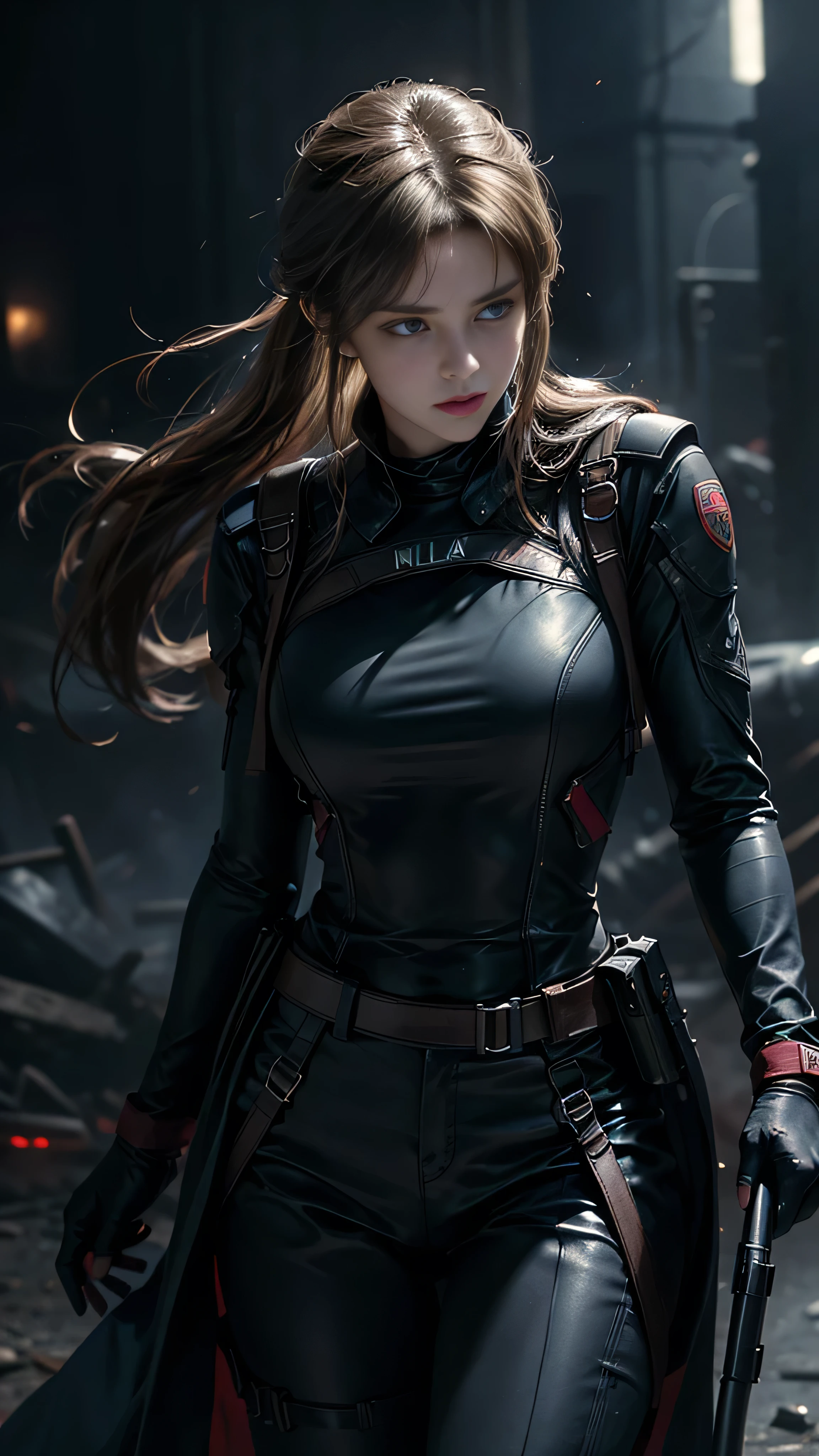 Movie 'Resident Evil: Apocalypse', a thrilling high-definition scene unfolds. The unwavering determination of the main character, Jill Valentine, is conveyed in this meticulously depicted moment.

In the ensuing chaos and dynamic lighting, Jill, dressed in her official Resident Evil uniform, skillfully aims her gun at the threatening zombie. Her long, flowing hair sways gently, casting deep shadows that highlight her chiseled features and fierce expression.

Jill's face is a perfect blend of intensity and focus, beautifully and detailed with deep eyes, the gaze fixed on the threat before her. Her fingers are curled deftly, poised
