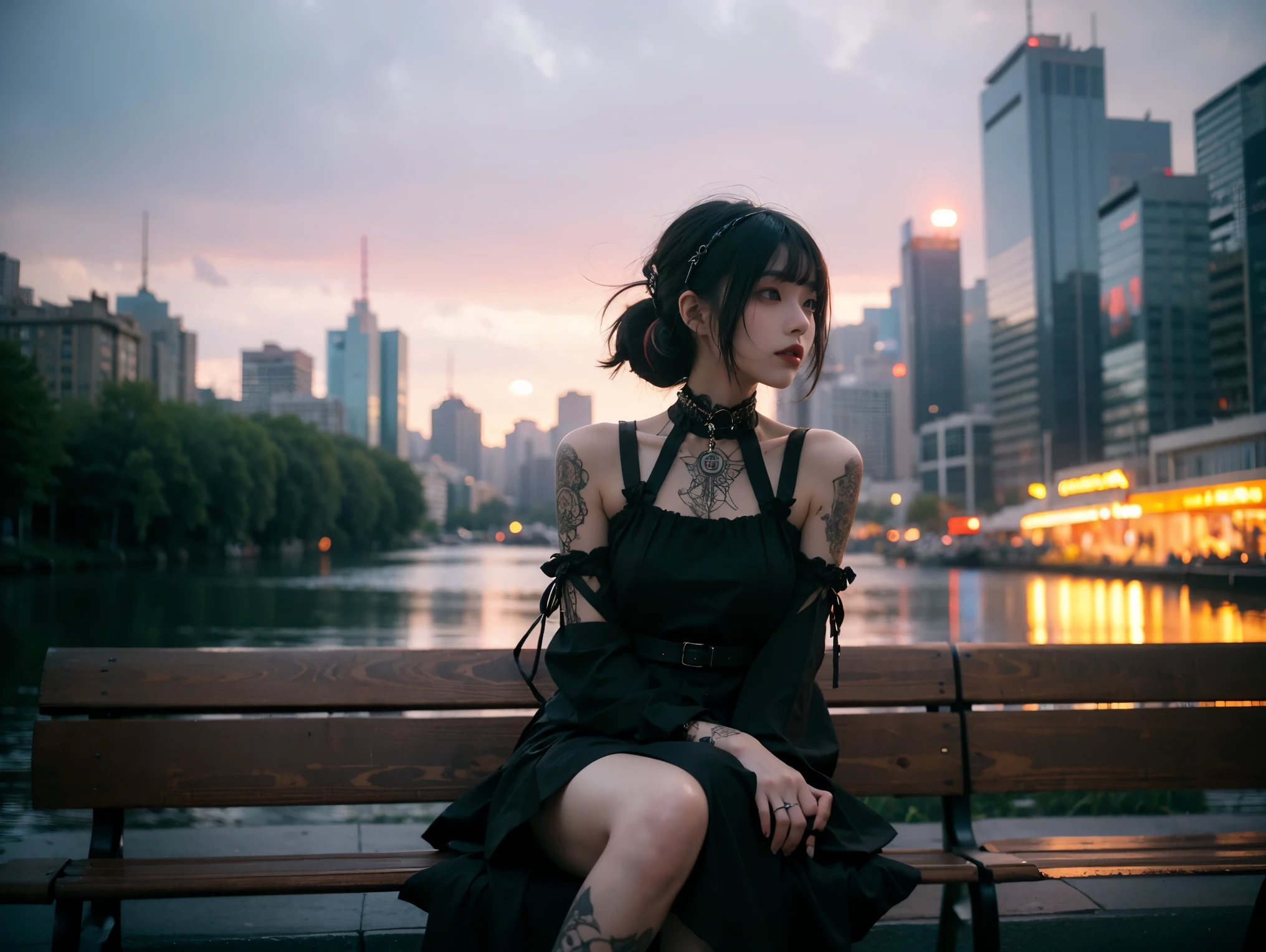 technoir, cool colors, artistically refined, true-to-life visuals, breathtaking aesthetics, tranquility, subdued lighting effect, diffused natural skin glow, Girl sitting on a park bench enjoying the view, 24-years-old, slender, floating Medium Hair, bangs, (Gothic_punk dress:1.2), masterpiece, best quality, RAW Photos, candytt, zwd,