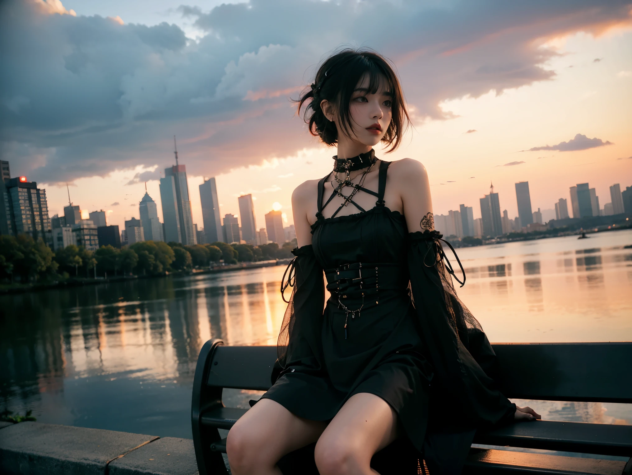 technoir, cool colors, artistically refined, true-to-life visuals, breathtaking aesthetics, tranquility, subdued lighting effect, diffused natural skin glow, Girl sitting on a park bench enjoying the view, 24-years-old, slender, floating Medium Hair, bangs, (Gothic_punk dress:1.2), masterpiece, best quality, RAW Photos, candytt, zwd,