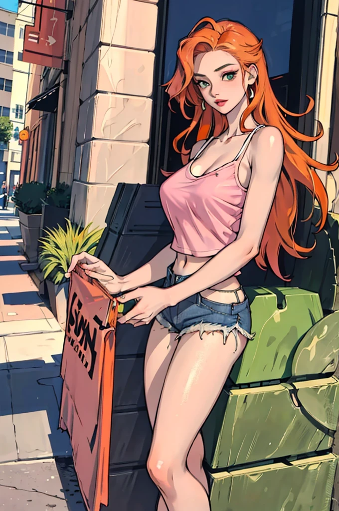 ((orange hair)), green eyes, long half-up hair, bust, ((full lips)), ((masterpiece)), ((detailed)), ((pink camisole)), ((open jean shorts)), ((best quality)), ((outside shopping)), big breasts, ((bright)), (pretty eyes), looking at viewer