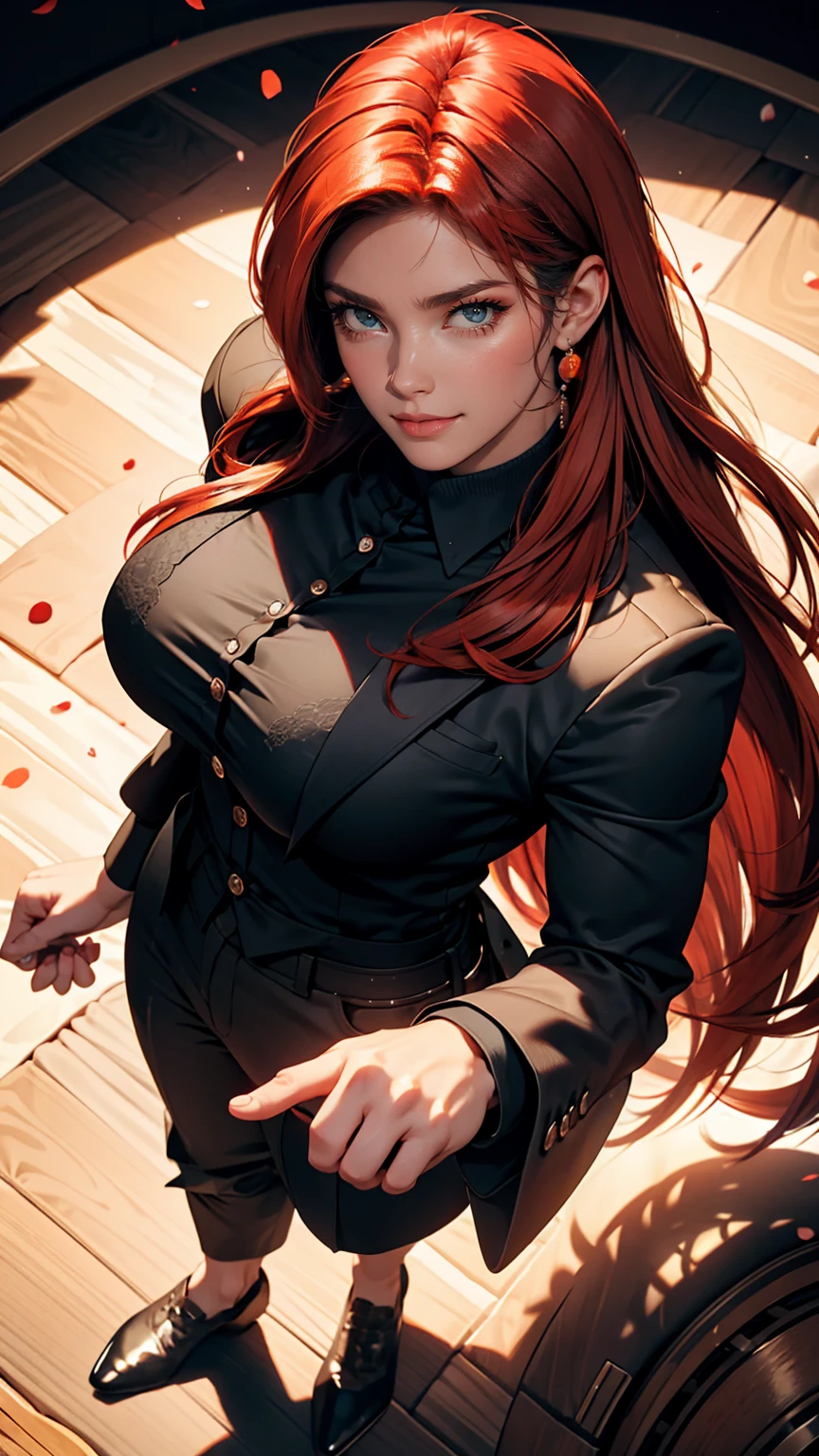 Long eyelashes, Round eyes, throw, Straight hair, Long Hair, Redhead, Big Breasts, eyeball, compensate, Cast a Shadow, High detail, 8k, Super detailed, Accurate, highest quality, Textured skin, Full body image, Performance, face, Angry Eyes, Angry expression, From above, Wearing black suit pants, Wearing a black men&#39;s suit, On the bed, Lying down