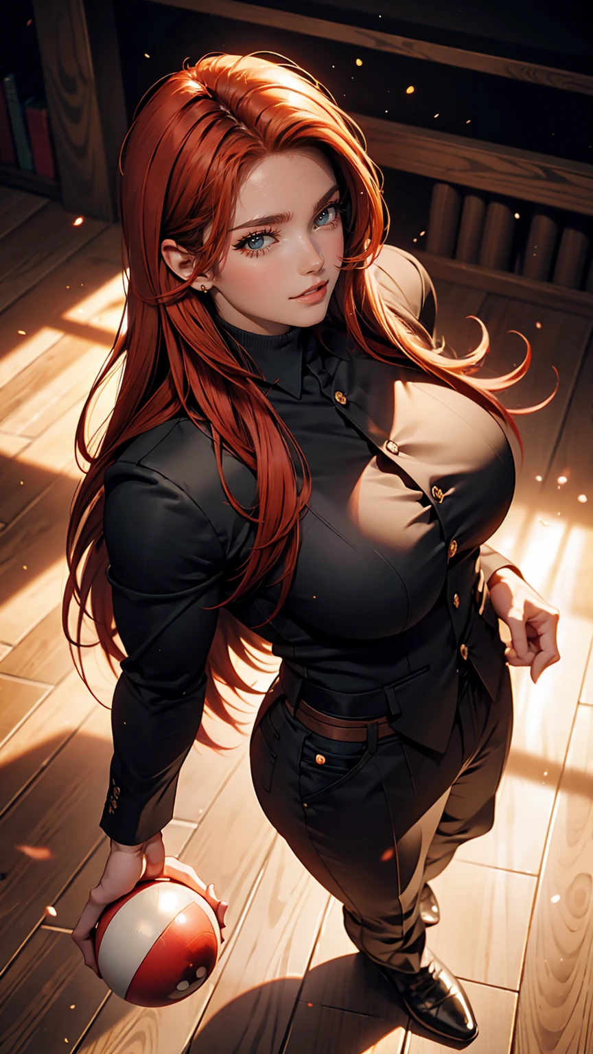 Long eyelashes, Round eyes, throw, Straight hair, Long Hair, Redhead, Big Breasts, eyeball, compensate, Cast a Shadow, High detail, 8k, Super detailed, Accurate, highest quality, Textured skin, Full body image, Performance, face, Angry Eyes, Angry expression, From above, Wearing black suit pants, Wearing a black men&#39;s suit, On the bed, Lying down