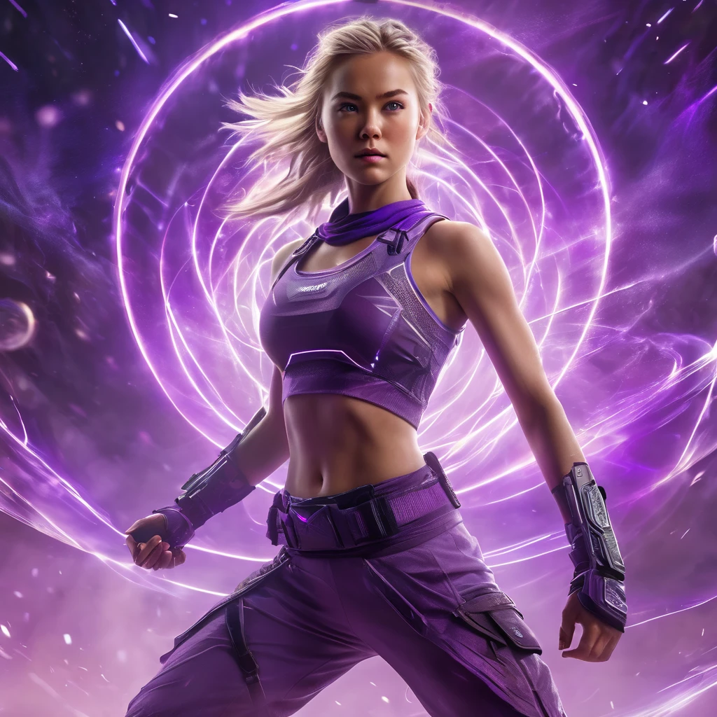 A handsome Norwegian girl, sharp eyes, clear facial features, wearing top tank, combat posture, martial arts movements, body surrounded by purple mist, runes around, holographic reality, holographic halo, motion blur, game light effects, edge light, soft light, movie edge light, delicate light, masterpiece, super detailed, epic composition, super HD, high quality, highest quality, 32k