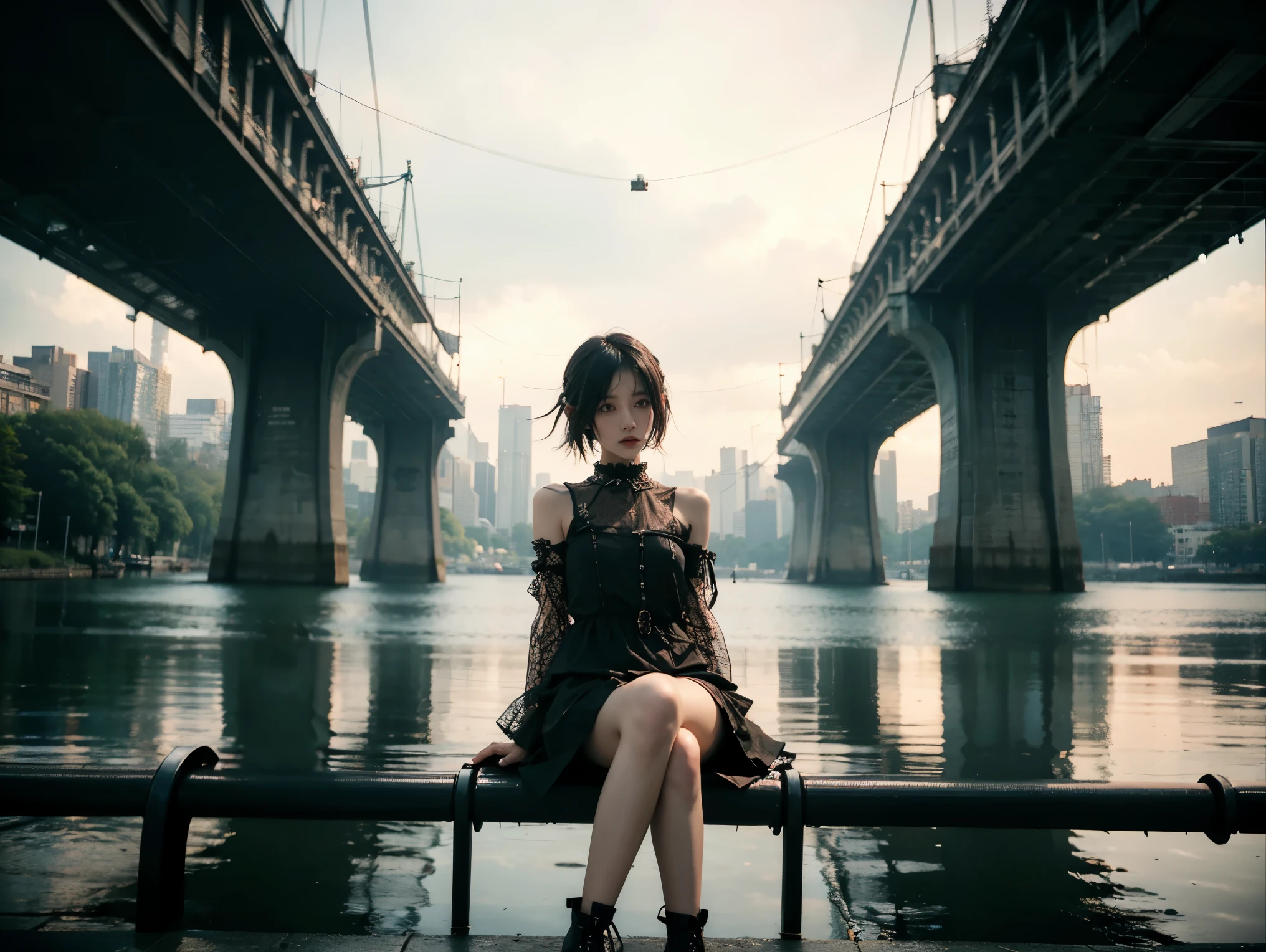 technoir, cool colors, artistically refined, true-to-life visuals, breathtaking aesthetics, tranquility, subdued lighting effect, diffused natural skin glow, Girl sitting on a park bench enjoying the view, 24-years-old, slender, floating Medium Hair, bangs, (Gothic_punk dress:1.2), masterpiece, best quality, RAW Photos, candytt, zwd,