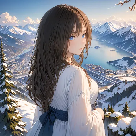 ((masterpiece)),highest quality, figure, dark, 1 girl, in the wilderness,the mountain is high,snowy mountains visible in the dis...