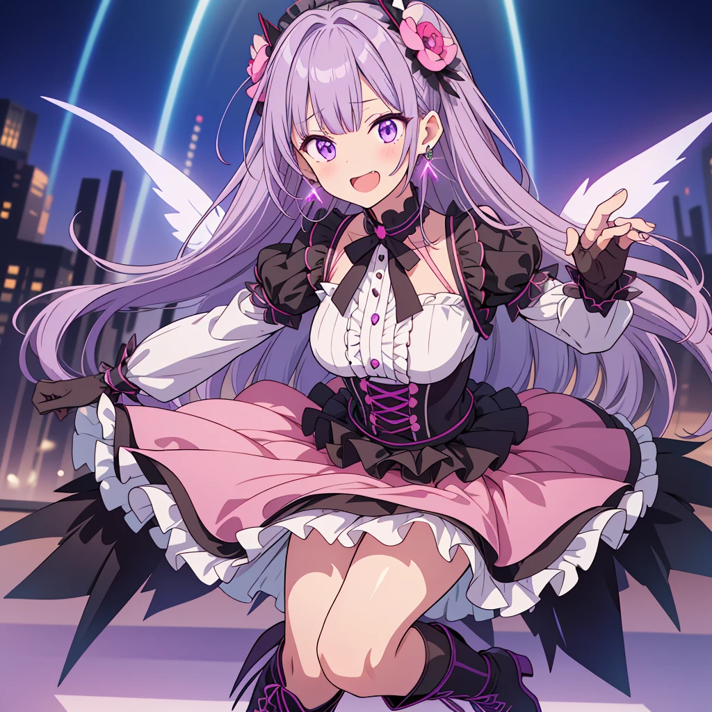 Best image quality、(((Esbian all over))),Character portrait、Excellent style、Laugh as hard as you can、Beautiful feet、Leather shoes、Dynamic Pose、, young、Gothic Lolita, (((Light purple hair))), Purple eyes, (mascara), Blunt bangs, ((Hair above the eyes)), Long Hair, Pink mixed hair、Mesh color pink、Medium chest, Frills,白いFrills, Black Theme, break ((colorful, Bright colors):1.3), (like a hologram々Bright colors彩を放つドレスです:1.5), ((rainbow crinoline, Multilayer skirt that stands out in black):1.4), (Gothic Lolita:1.2), (Lace-up:1.2), ((No sleeve, Exposing shoulders):1.2), (Rainbow fairy wings:1.3), break (Platform high boots:1.1), (Long gloves:1.2), ((Earrings, Reman):1.2), Faithfully, (((Eye focus))), (((Laughter))), The background is blurred, Hollow Eyes, Purple Theme、Displaying the viewer, (((night))), (((hair ornaments)))