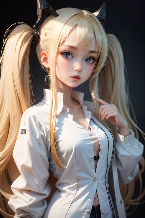hrgiger。highest quality。Masterpiece。Detailed details。One Girl。pretty girl。White shirt。Researcher's lab coat。Long blonde twin tai...