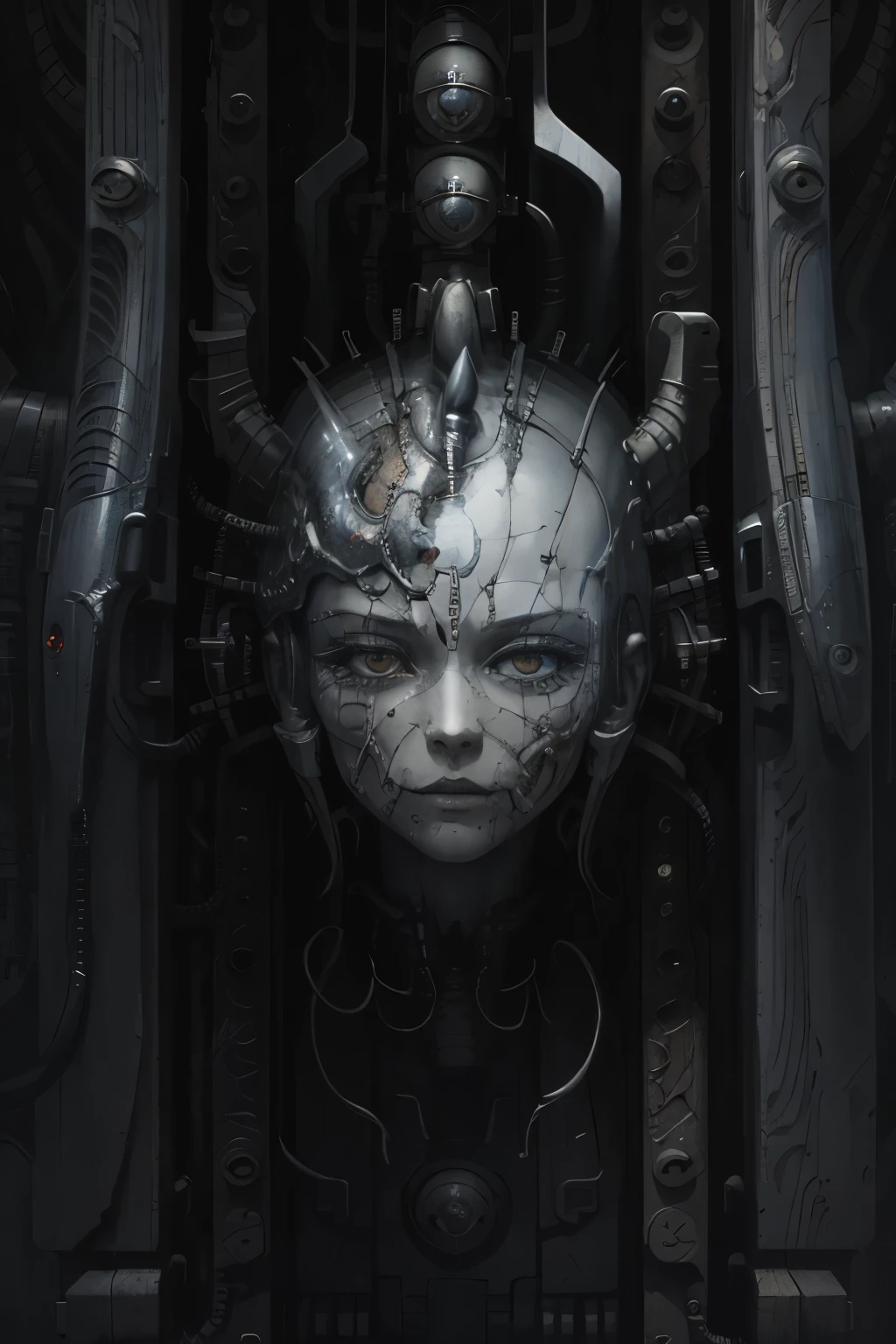 hrgiger。اعلى جودة。تحفة。تفاصيل تفصيلية。فرجة زاحفة تجمع بين جسم الإنسان والآلة。الأعضاء。مقلة العين。مخ。