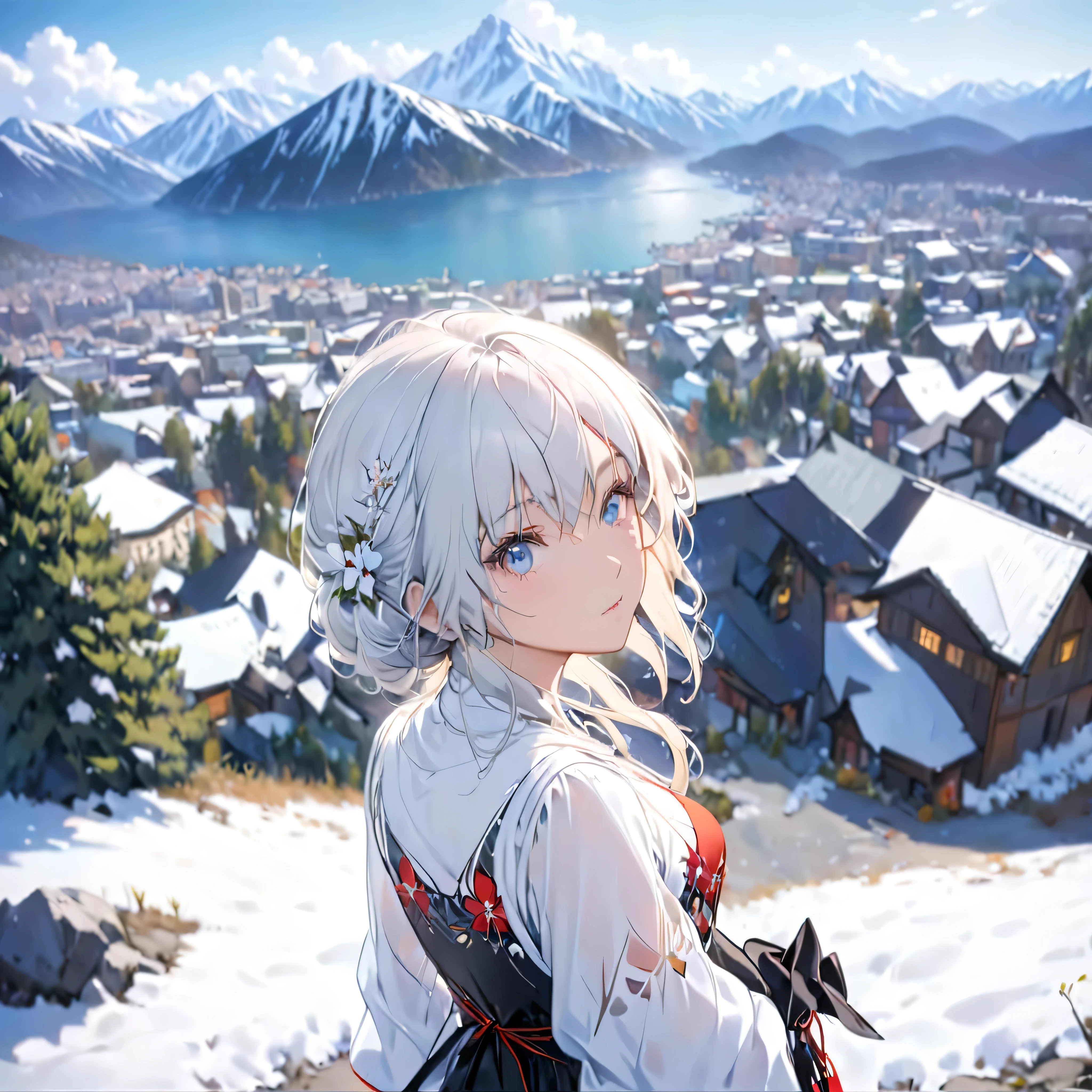 ((masterpiece)),highest quality, figure, dark, 1 girl, In the wilderness,The mountain is high,snowy mountains visible in the distance, city, Beautiful and delicate eyes,  Beautiful fine hair,