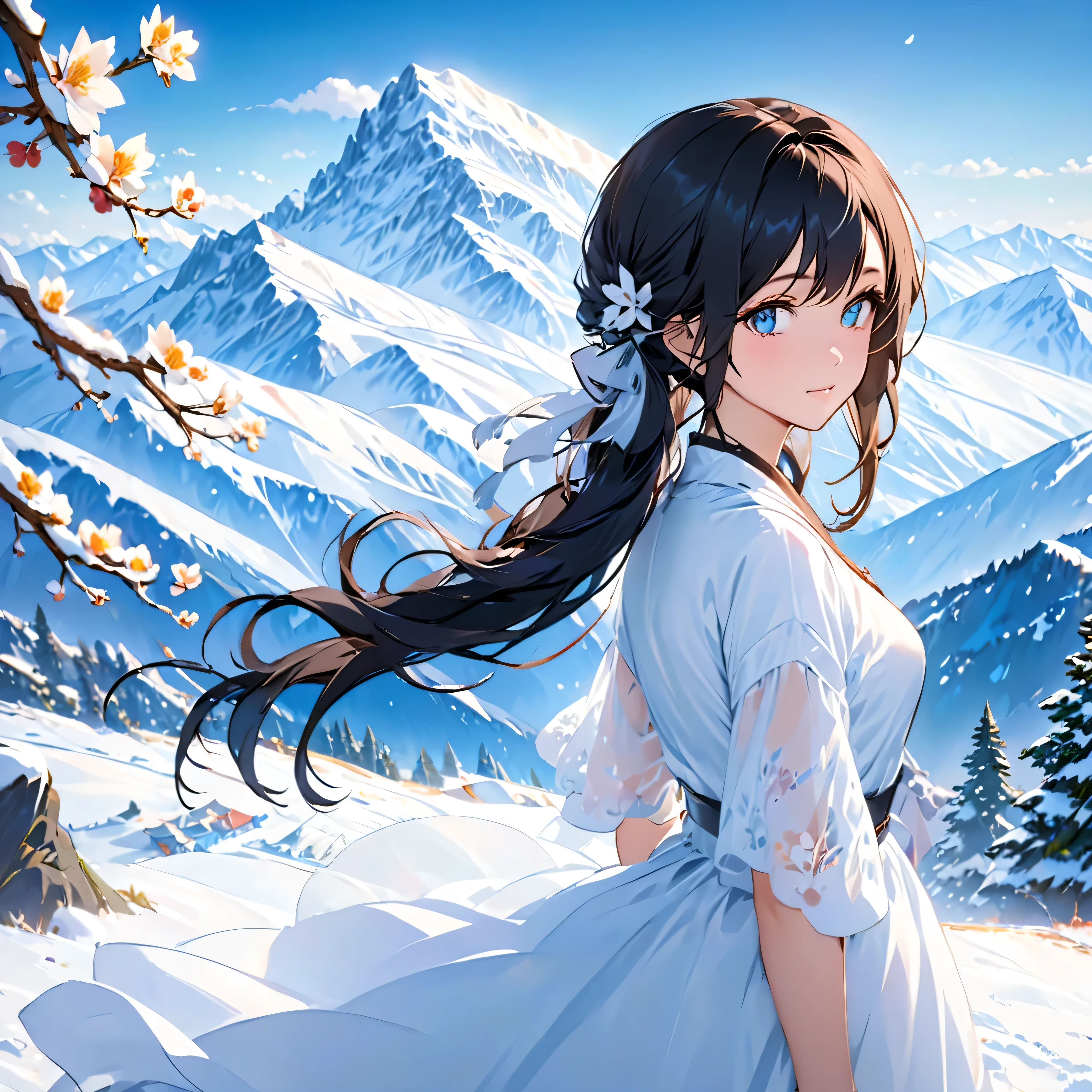 ((masterpiece)),highest quality, figure, dark, 1 girl, In the wilderness,The mountain is high,snowy mountains visible in the distance, city, Beautiful and delicate eyes,  Beautiful fine hair,