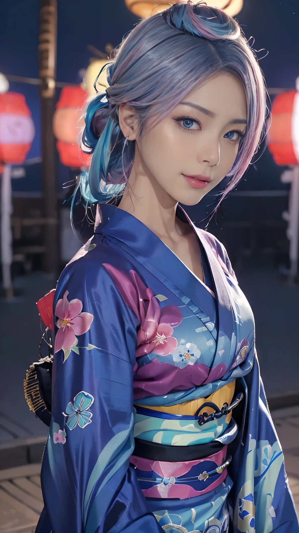 (masutepiece), (((Highest Quality)), (super detailed), 1 girl, (Iridescent hair, Colorful hair, Half blue and half pink hair: 1.2, Beautiful detailed and elaborate backgrounds), (Yukata: 1.2), Midsummer Night、plein air, Bangs, Smile, sky-blue eyes, Perfect hands, Perfect hands, Hand Details, Corrected Fingers. earrings, Night Store + Background, up looking_in_viewer, Cowboy Shot, of the highest quality, rich detail, Perfect image quality, blue dark color、(night:1.5, Japanese Summer Festivals, Pompadour hairstyle:1.3)