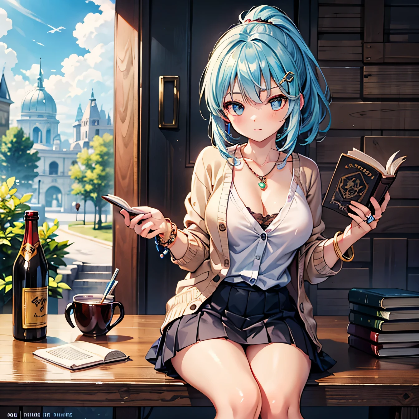 Anime Moe Art Style,highest quality,High resolution,Anatomically correct,One Girl,Mid-teens,A girl with light blue hair in a ponytail,Super detailed,Fantasy World,cardigan,mini skirt,Big Breasts,A rich expression,Deep in thought,Study,Reading a thick book,Eyes drawn in detail,hair ornaments,necklace,bracelet,ring,8K