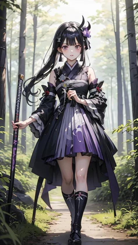 anime girl in purple and black clothes standing in front of a forest, keqing of genshin impact, jongritsu of genshin, haise jiny...