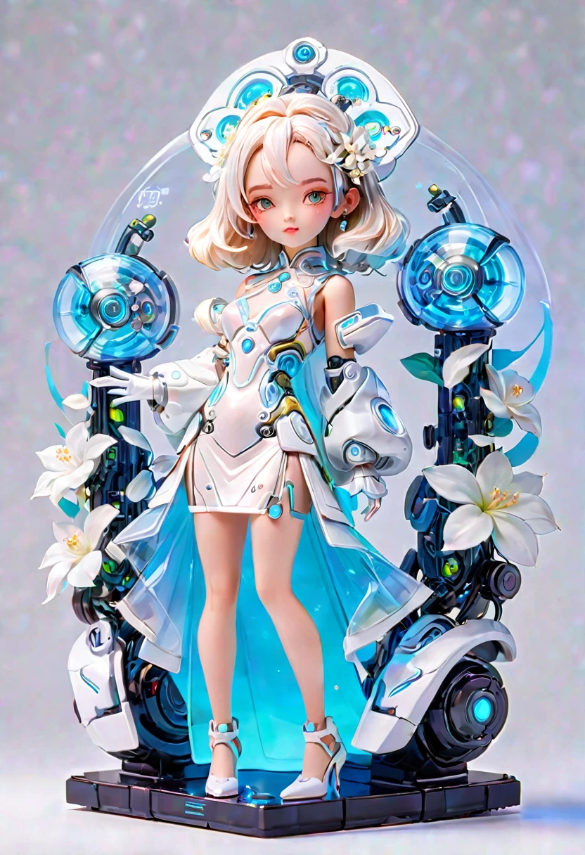 (Blind box toy styles:1.2),whole body, Solitary,White background,(The future of robot women，beautiful girl face ,White Jasmine Transparency Dress, glowing electronic components,Gloves, High heel),(Oriental elements, Chinese color,very colorful),3D