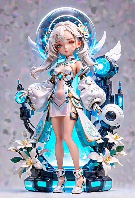 (Blind box toy styles:1.2),whole body, Solitary,White background,(The future of robot women，beautiful girl face ,White Jasmine T...