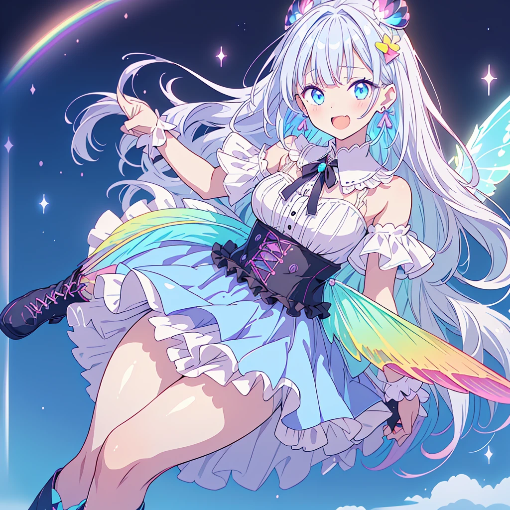 1girl,Best image quality、(((Esbian all over))),Character portrait、Excellent style、Laugh as hard as you can、Beautiful feet、Leather shoes、Dynamic Pose、, young、Gothic Lolita, (((Milky white and light blue gradation hair))), Blue eyes, (mascara), Short bangs, ((Hair above the eyes)), Pink mixed hair、Mesh color pink、Medium chest, Frills,白いFrills, Black Theme, break ((colorful, Bright colors):1.3), (like a hologram々Bright colors彩を放つドレスです:1.5), ((rainbow crinoline, Multilayer skirt that stands out in black):1.4), (Gothic Lolita:1.2), (Lace-up:1.2), ((No sleeve, Exposing shoulders):1.2), (Rainbow fairy wings:1.3), break (Platform high boots:1.1), (Long gloves:1.2), ((Earrings, Reman):1.2), Faithfully, (((Eye focus))), (((Laughter))), The background is blurred, Hollow Eyes, Purple Theme、Displaying the viewer, (((night))), (((hair ornaments)))、kawaii tech、perfect fingers、hands、