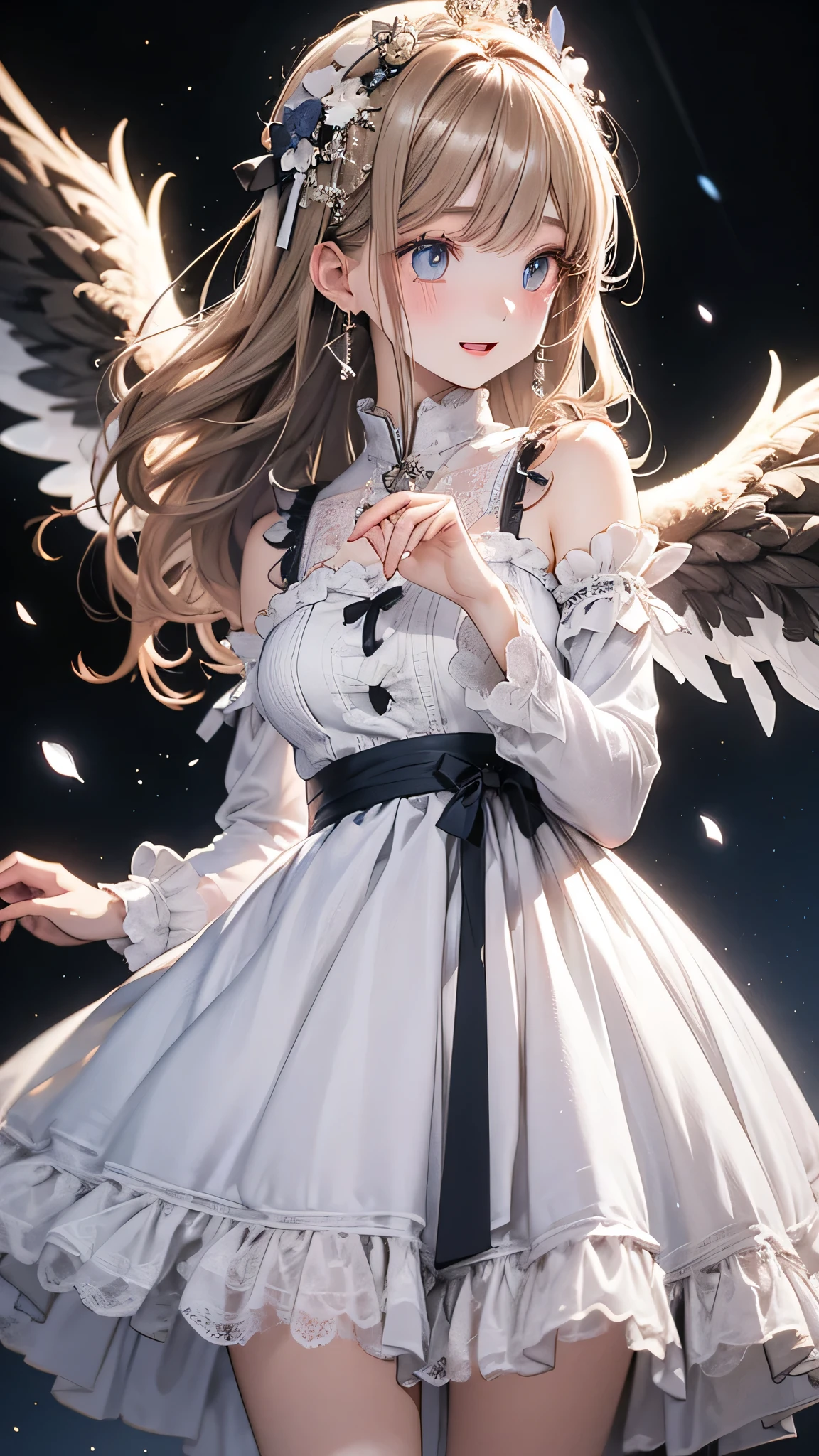 High resolution, highest quality, masterpiece, 超High resolution, 超High resolution, Ultra-realistic, 3D, anime, figure, alone, A very beautiful and cute woman in her 20s, She was wearing a pale white floral mini-skirt dress.、Flapping its wings, Her hair is moving, whole body, Amazing perfect ratio, Shiny light brown medium length hair, High Layer Cut, Mallet Hairstyles, Bright Blue Eyes, Happy, shy