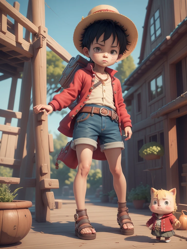 hermoso 3d render, Arte digital bellamente detallado, Niño Explorador Mini Chico Lindo, lindos numeros, representación 3d estilizada, lindos numeros艺术, hermoso render 3d anime boy, Luffy, El pequeño pirata miró hacia arriba., hermoso! c4d, Retrato Anime Sea Boy, ((Llevaba un cárdigan rojo de manga larga y cuatro botones.., un cinturón alrededor de su cintura, pantalones cortos azules（Con puños）, sandalias)), ((parado en un barco pirata)).