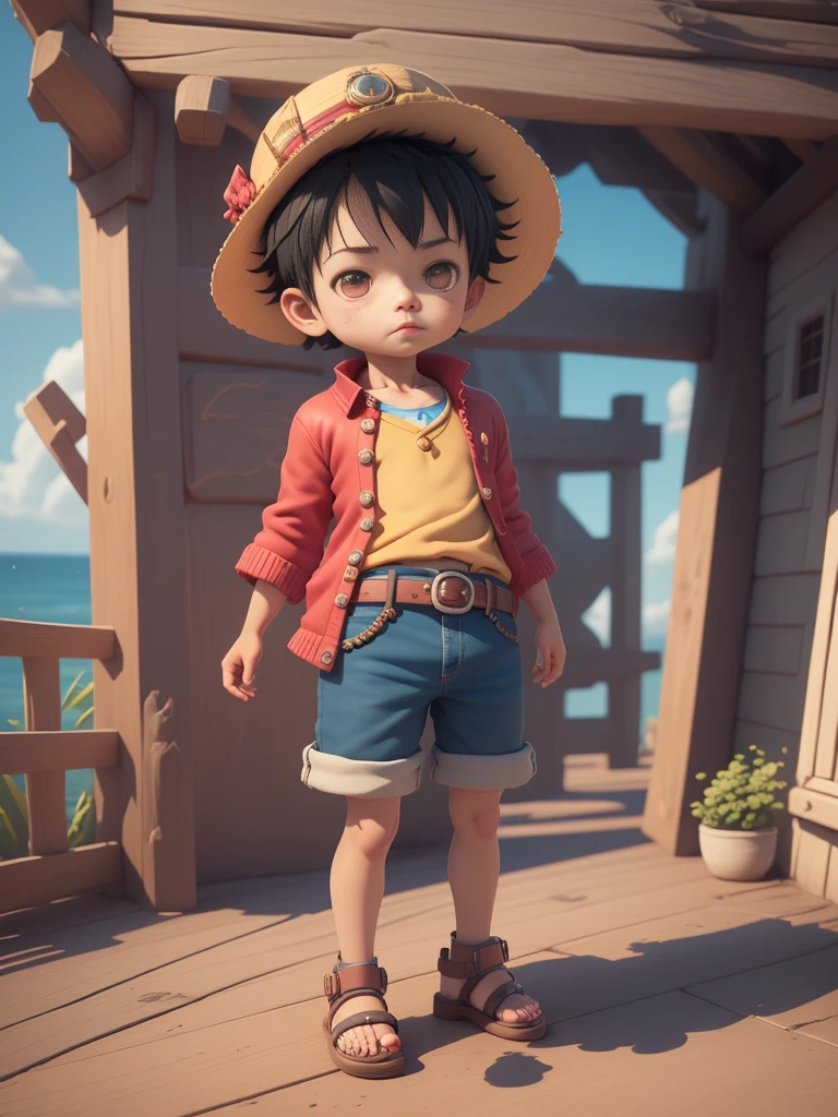 hermoso 3d render, Arte digital bellamente detallado, Niño Explorador Mini Chico Lindo, lindos numeros, representación 3d estilizada, lindos numeros艺术, hermoso render 3d anime boy, Luffy, El pequeño pirata miró hacia arriba., hermoso! c4d, Retrato Anime Sea Boy, ((Llevaba un cárdigan rojo de manga larga y cuatro botones.., un cinturón alrededor de su cintura, pantalones cortos azules（Con puños）, sandalias)), ((parado en un barco pirata)).