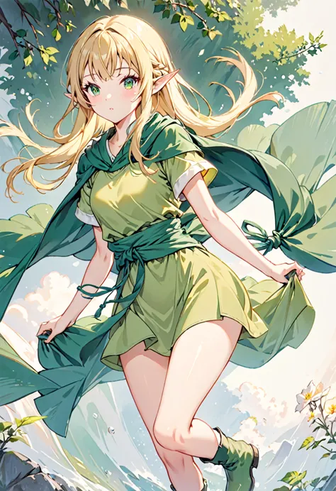 1girl, elf, blonde long hair, forehead, green eyes, yellow-green tunic with short sleeves, green soft boots, green cloak draped ...