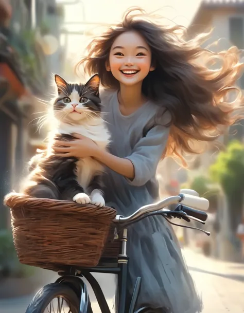 Young girl with a cat, young girl with a cat, a woman with long flowing hair riding a bicycle with a cute smiling cat in the bas...