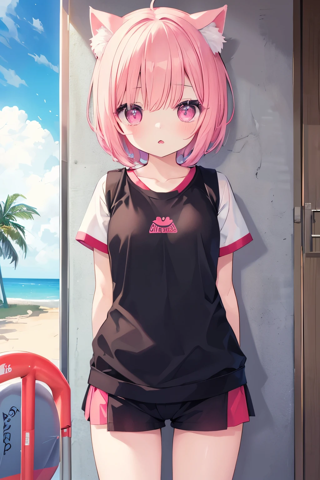 Anime girl with pink hair and pink ears standing in front of a door -  SeaArt AI