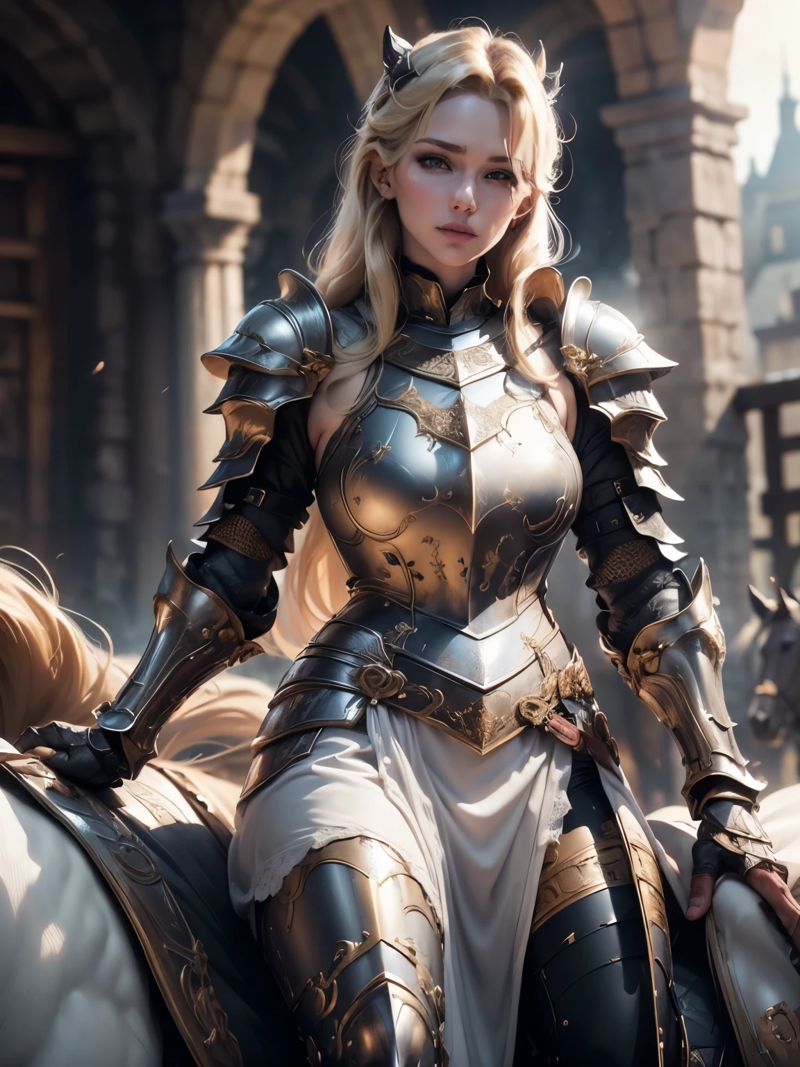 (Masterpiece, Superb Detail, Super Detailed, High Resolution), Male Focus, (((Female Armor))), (((Armor Dress Set))), (She Has Long Blonde Hair, Medium Breasts, Slim, perfect body, beautiful face), look at viewer, (((white panty))), (((riding a horse))), City Ruins, Background Details, Solo