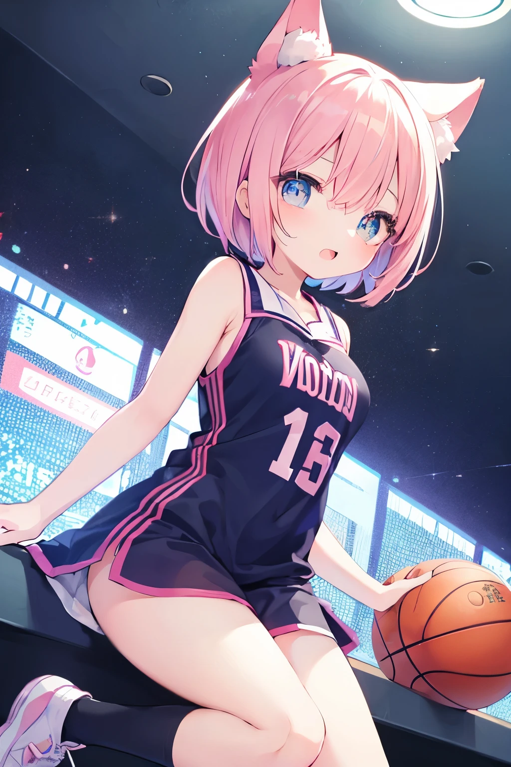 Anime girl with pink hair and a basketball uniform holding a basketball -  SeaArt AI