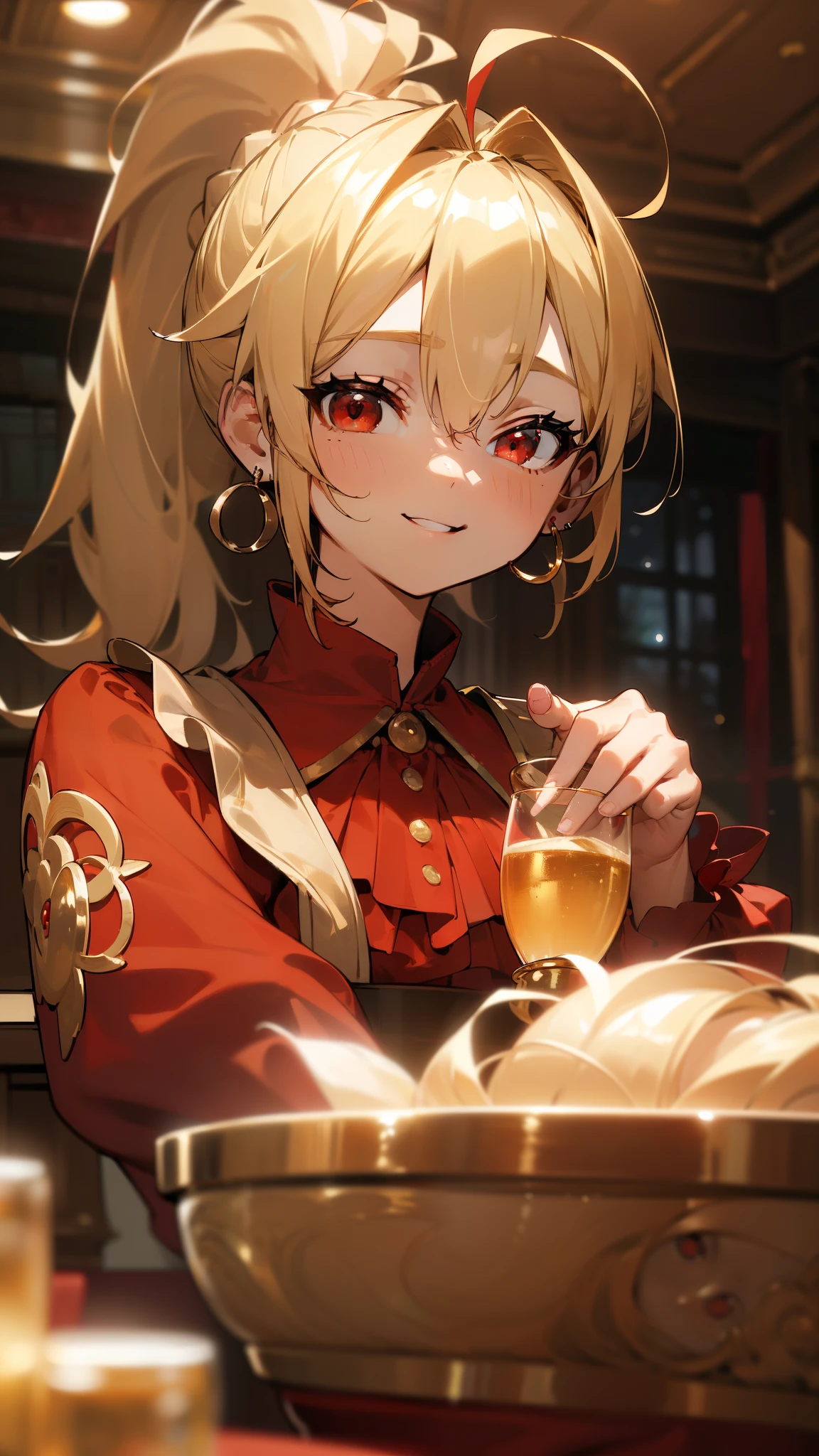 (masterpiece, highest quality)、Intricate details、8k、Sharp focus、(Bokeh) (highest quality) (Detailed skin:1.3) (Intricate details) (8k) (Fine grain) (anime)、(((blonde、ponytail、Round red eyes、Ahoge、smile、red blouse shirt、Gold earrings)))、(Sit with a glass)、((indoor、night、Pub))、Upper body close-up