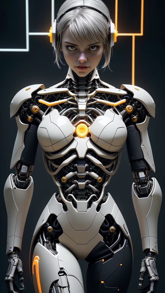 A beautiful silver-haired girl in a cybernetic robo armor, intricate exoskeleton, glowing neon circuits, highly detailed mechanical parts, stunning futuristic design, dynamic pose, dramatic lighting, cinematic atmosphere, muted color palette, (best quality,4k,8k,highres,masterpiece:1.2),ultra-detailed,(realistic,photorealistic,photo-realistic:1.37),cinematic,concept art