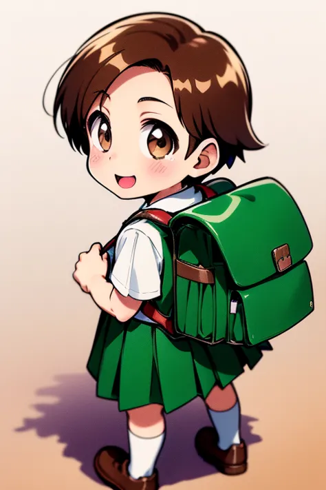 rokujoumugi, one girl, alone, backpack, brown hair, bag, brown eyes, short hair, little, , skirt, school bag, blush, recall, fro...