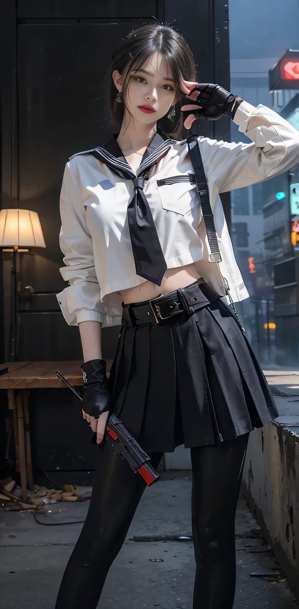 1girl, close up shot, (white hair, medium hair, large breasts, red eyes), perfect anatomy, city, cyberpunk style, ((white shirt, black jacket, black skirt, navel, belt, black gloves, neck tie, wrist watch, earrings, see through black leggings)), ((holding gun)), war, ruined city, battle field, rubble, buildings,cigarette