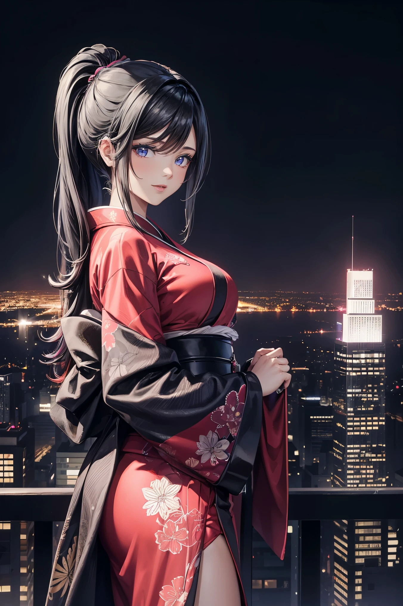 anime, (obra de arte, melhor qualidade, ultra-detalhado, alto contraste), 1 mulher (Sozinho, corpo todo, corpo plus size, standing on the edge of the skyscraper, cabelo prateado, CABELO LONGO E FLUXO, olhos vermelhos brilhantes de rubi, (Kimono preto, black cybernetics with neon pink), meias pretas transparentes), (skyscraper roof, com vista para uma cidade, fundo detalhado ((Night time, darkness, low light pollution)))