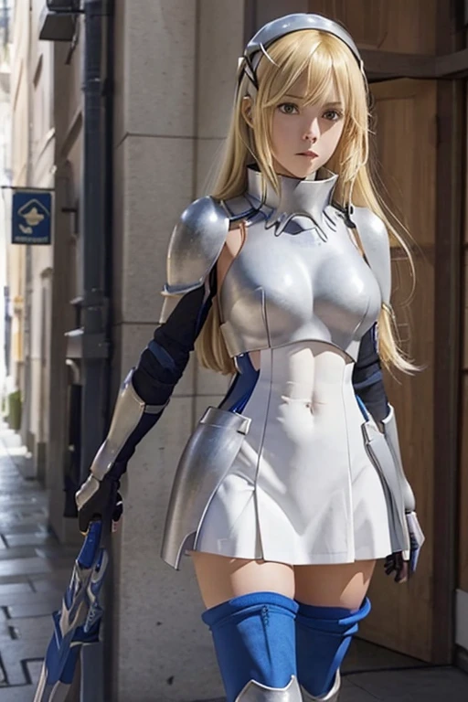 ais, 1girl, solo, blonde hair, armor, long hair, straight hair, thighhighs, boots, dress, yellow eyes, thigh boots, blue long boots, blue footwear, covered navel, breastplate, shoulder armor, gloves, white dress