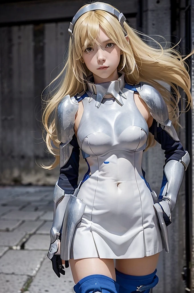 ais, 1girl, solo, blonde hair, armor, long hair, straight hair, thighhighs, boots, dress, yellow eyes, thigh boots, blue long boots, blue footwear, covered navel, breastplate, shoulder armor, gloves, white dress