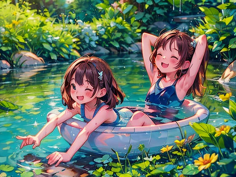 (highest quality,Realistic:1.3)，Two girls splashing in a stream，low length，，Flat Chest，Baby Face，splash，Hot summer day,A body shining with sweat and water,Lush greenery,Melted ice cream cone，Endless laughter and joy,Blissful expression，Sunburned skin，Refreshing coolness,Colorful Swimsuits,Glowing water droplets,Dancing Nikko,Playful Ripples,Water play area,Dreamy summer vibes,Captivating natural beauty,Warm wind,Fun water play,Childhood memories,Calming sounds of nature,Endless fun and adventure