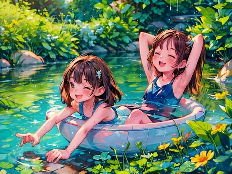 (highest quality,Realistic:1.3)，Two girls splashing in a stream，low length，，Flat Chest，Baby Face，splash，Hot summer day,A body sh...