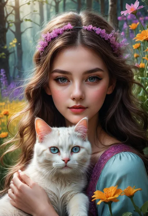 Girl with Cat, a beautiful girl with a cat, girl with a cute cat, girl petting a cat, girl in a flowery meadow with a cat, girl ...
