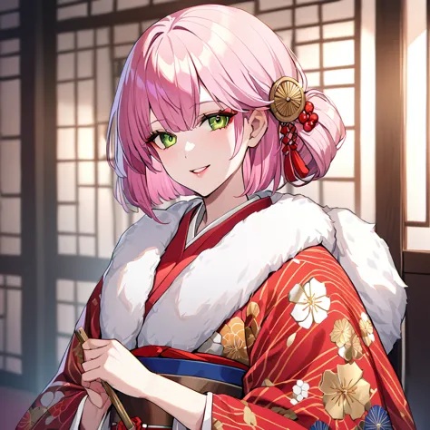 ((highest quality)), ((masterpiece)), (detailed), （perfect face）、（the woman is rena, with short pink hair, a happy smile and is ...