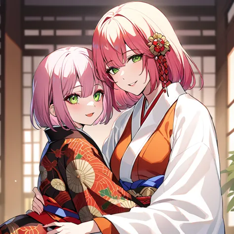 ((highest quality)), ((masterpiece)), (detailed), （perfect face）、（the woman is rena, with short pink hair, a happy smile and is ...