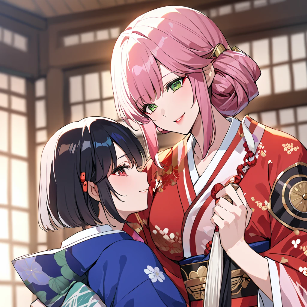 ((highest quality)), ((masterpiece)), (detailed), （Perfect Face）、（The woman is Rena, with short pink hair, a happy smile and is in a luxurious samurai mansion.、The woman is a consort to Oda Nobunaga, and is wearing a gorgeous embroidered uchikake kimono with bright, vivid colors and patterns, as befits a consort, and has gorgeous accessories from the Edo period, such as a gorgeous hairpin and a bunkin takashimada hairstyle.）、Mother and daughter are close. Mother is 32 years old and daughter is 16 years old.